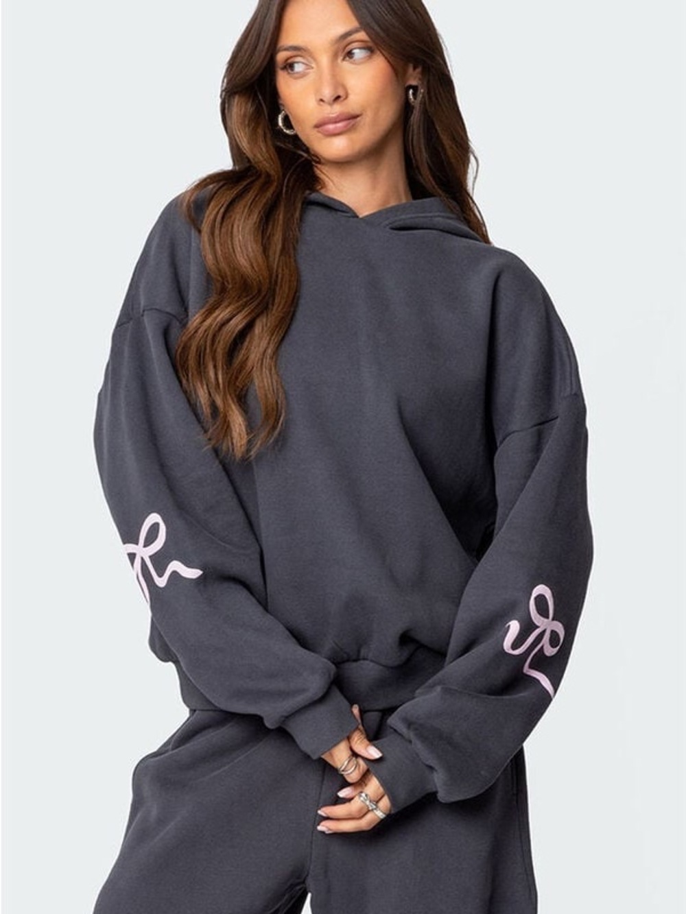Edikted Charcoal Hoodie with Pink Script Sleeve Accents